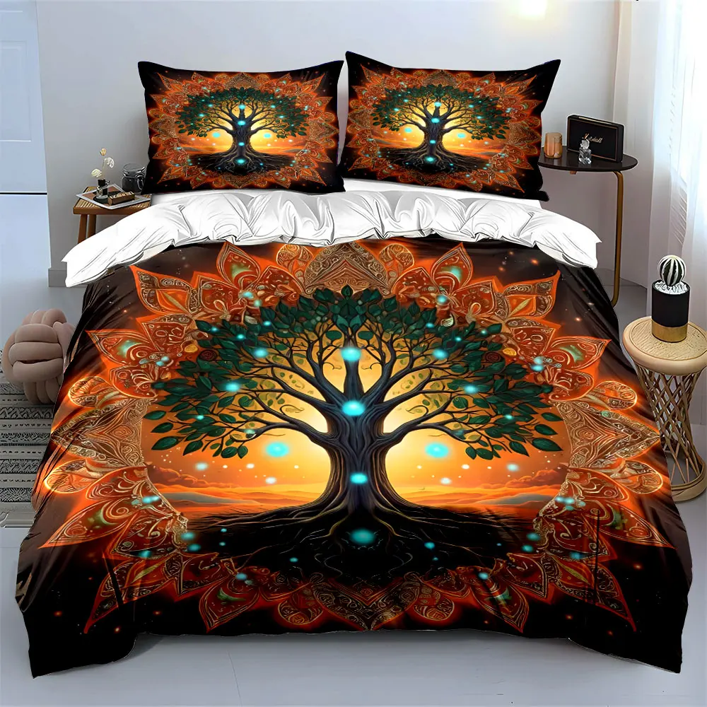 Mystical Glowing Tree with Mandala Decor Pattern Duvet Cover Set Digital Print Colorful Polyester Bedding with Zipper Closur 3