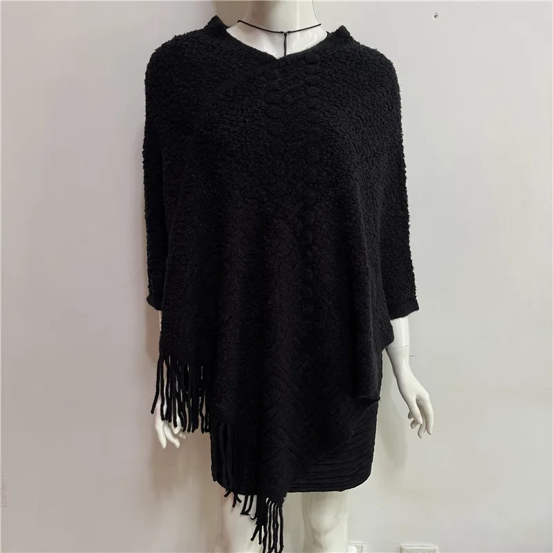 

Spring Autumn Sweater Pullover Sweater Women Outer V-neck Shawl Lady Cloak Fashion Solid Color Korean Tassel Black P8