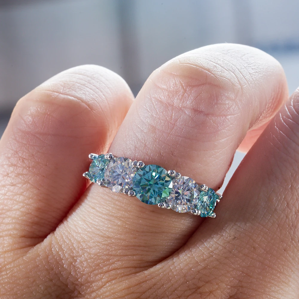 JoyceJelly 3.6CTTW Colorful GRA Moissanite Rings For Women 5 Stones Sparkling Diamond Wedding Band 925 Sterling Silver Jewelry
