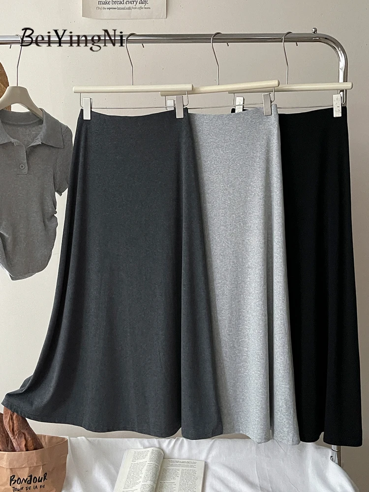 Beiyingni Korean Simple Women's Long Maxi Skirts Elastic Waist Elegant Black A-line Skirt Woman Solid Color French Gray Faldas