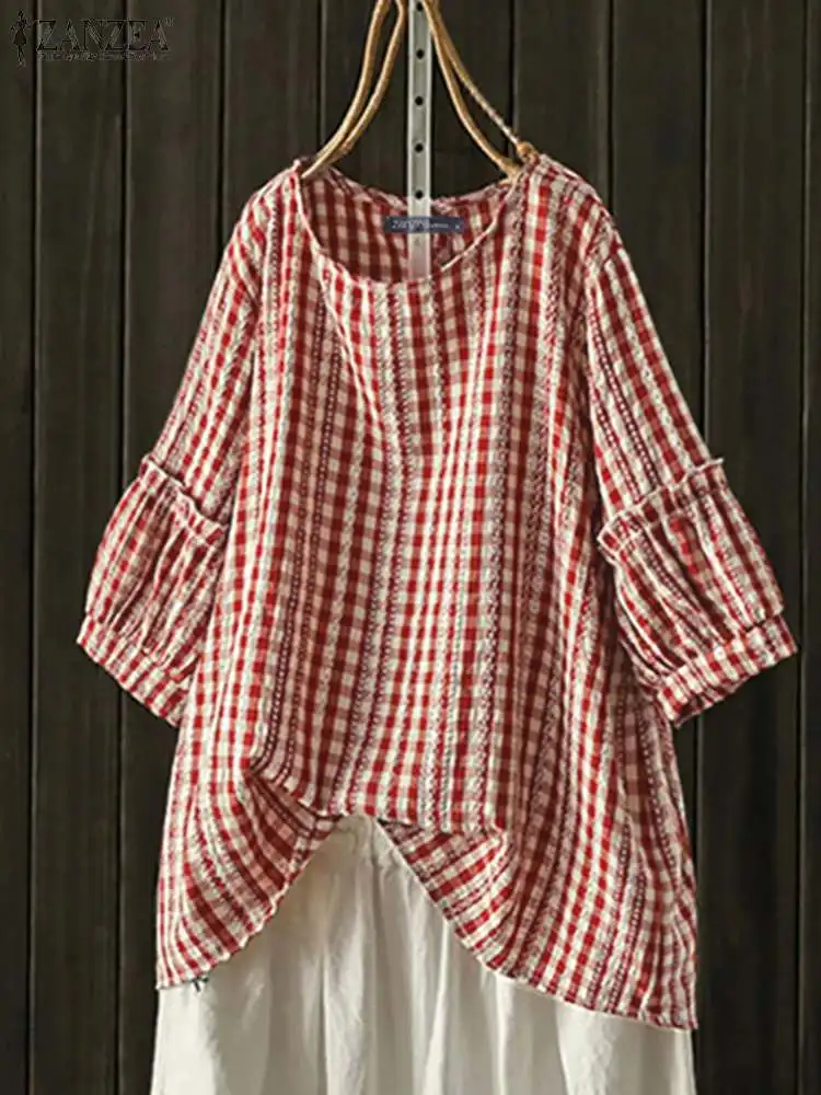 ZANZEA-Blusa de manga 3/4 con cuello redondo para verano, camisa holgada informal a cuadros, Estilo Vintage, para vacaciones