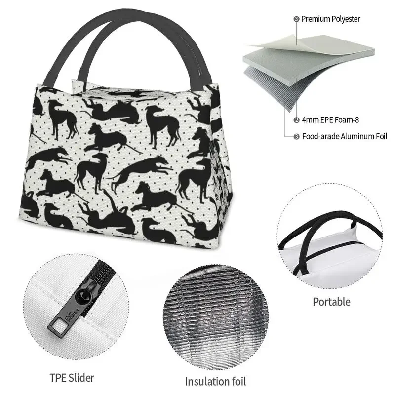 Cute Black Greyhounds Thermal Insulated Lunch Bags Women Whippet Dog Portable Lunch Tote for Outdoor Picnic Meal Food Box