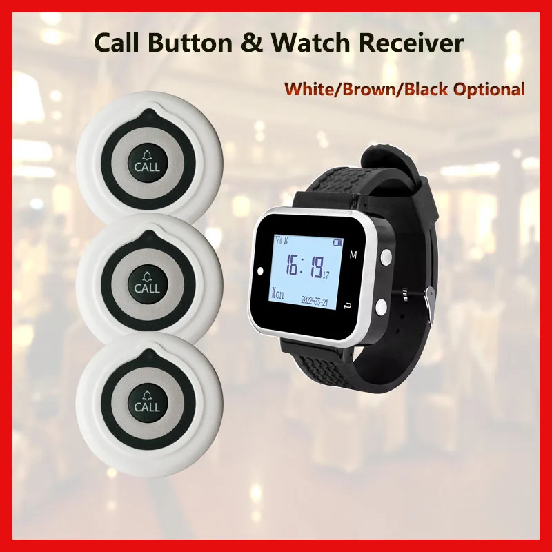 QWICALL 3pcs Call Button Transmitters 1Pcs Wrist Watch Receiver Wireless Calling System Service For Restaurant Hotel Cafe Bar