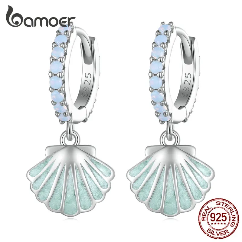 Bamoer 925 Sterling Silver Sea Shell Ear Buckles Zircon Hoop Earrings Enamel Process for Women Ocean Series Fine Jewelry BSE842