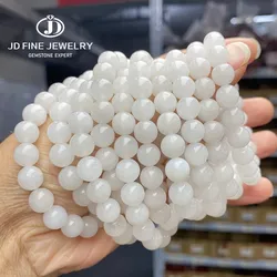 JD Natural Stone High Quality White Jade Strand Bracelets Women Fashion Genuine Round Jades Elastic Beaded Bracelets Female Gift
