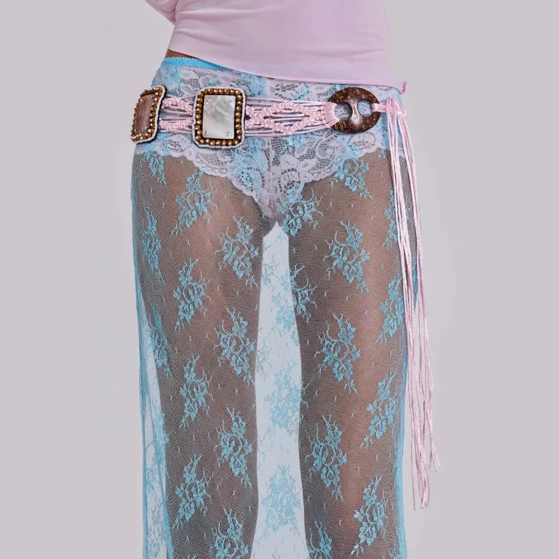 

Transparent Evening Party Skirt Elegant Women Lace Long Skirt Sexy Fashion Summer See Through Mesh Blue Maxi Skirt