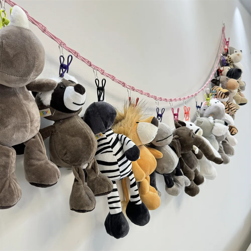 Boho Macrame Wall Hanging Storage Chain Stuffed Animals Toy Display Holder with 18 pcs Clips for Bedroom Nursery Play Room Decor