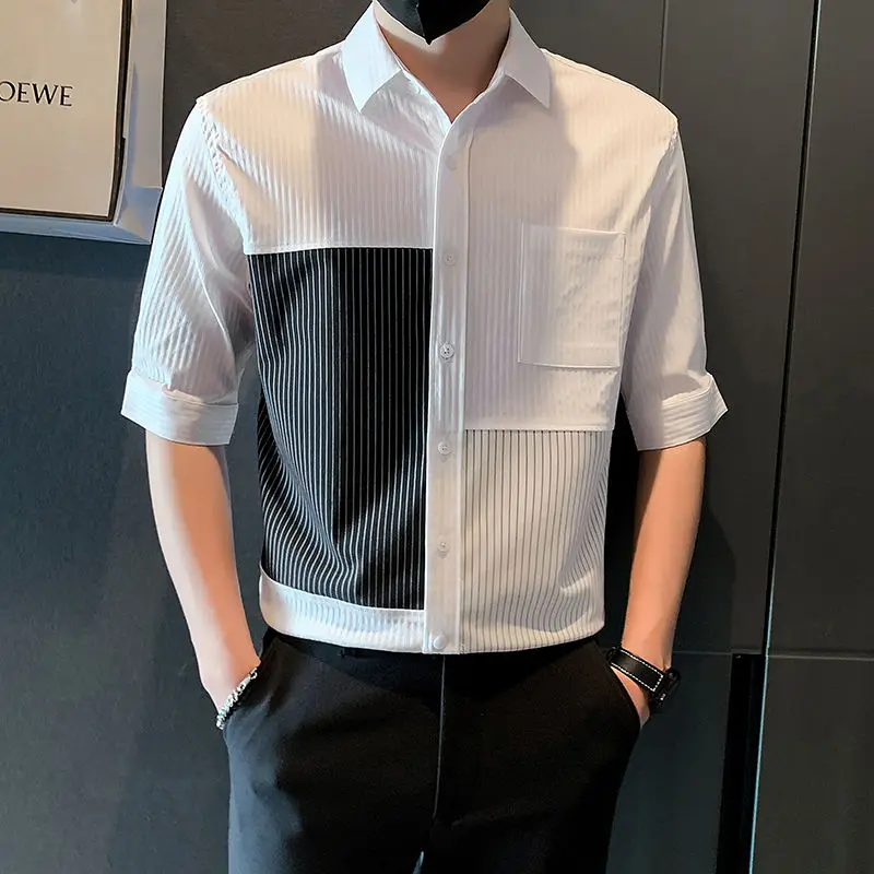 Korean Clothing Fashion Men Half Sleeve Shirts Spring Summer Contrast Color Striped Lapel Pockets Loose Streetwear Casual Tops