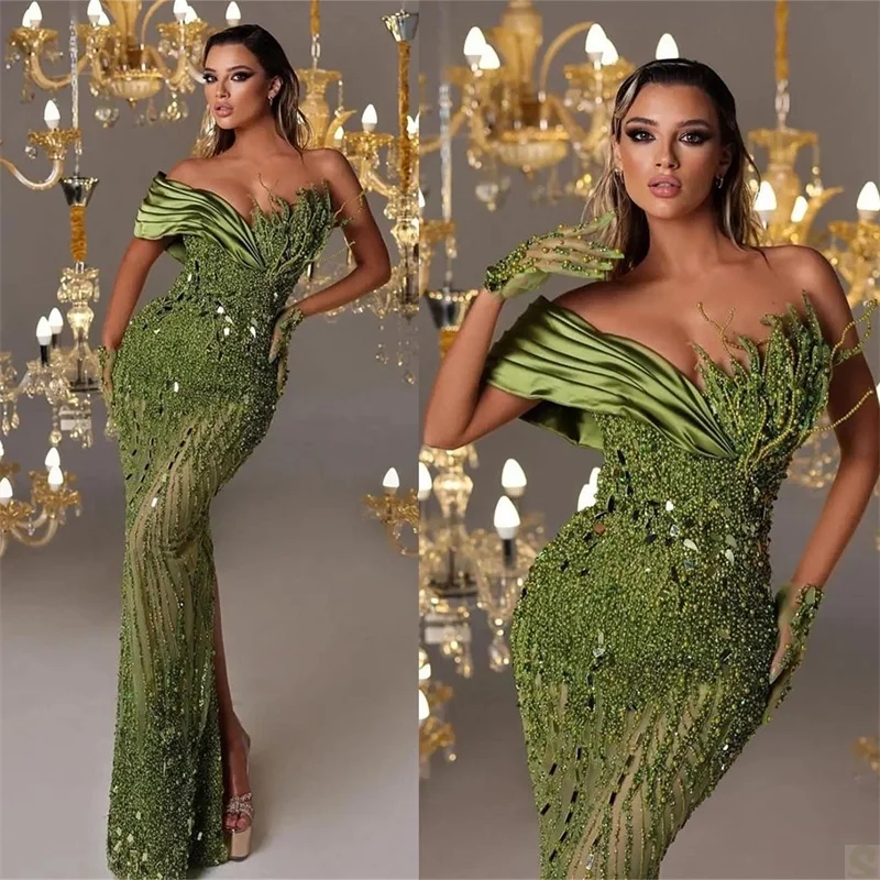 

Green Mermaid Prom Dress Sequins Beads Luxury Evening Gowns Sexy Off Shoulder Lace Up Back Party Red Carpet Wear Custom Made