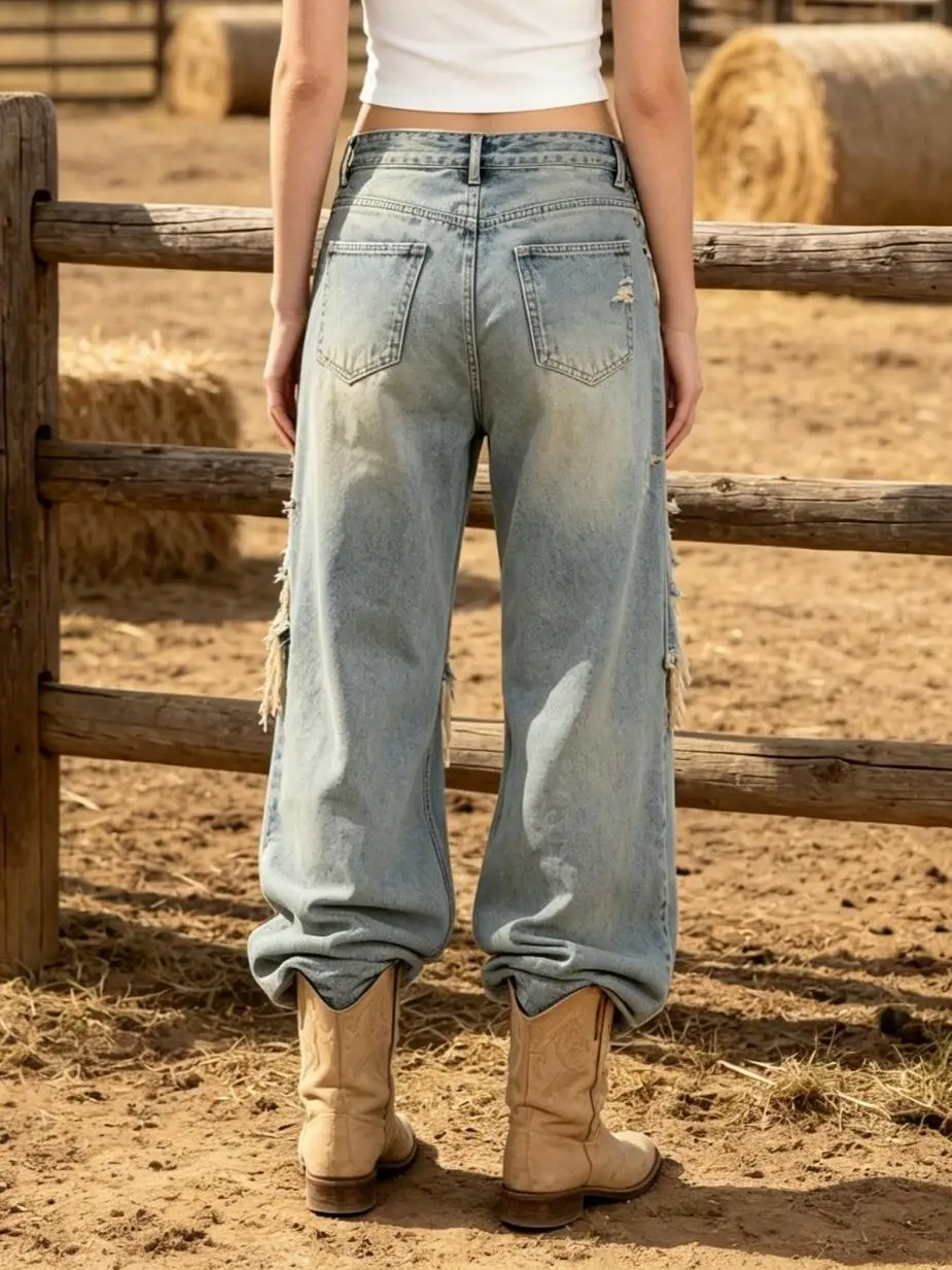 【HME】Jeans | American Western Retro Style Women Denim Pants, High Waist Wide Straight Denim Jeans, Bold Ripped Fringe Design Free & Easy, Light Blue Vintage Wash Natural Texture, Loose Draped Fit Slimming, For Trips Festivals Daily Wear