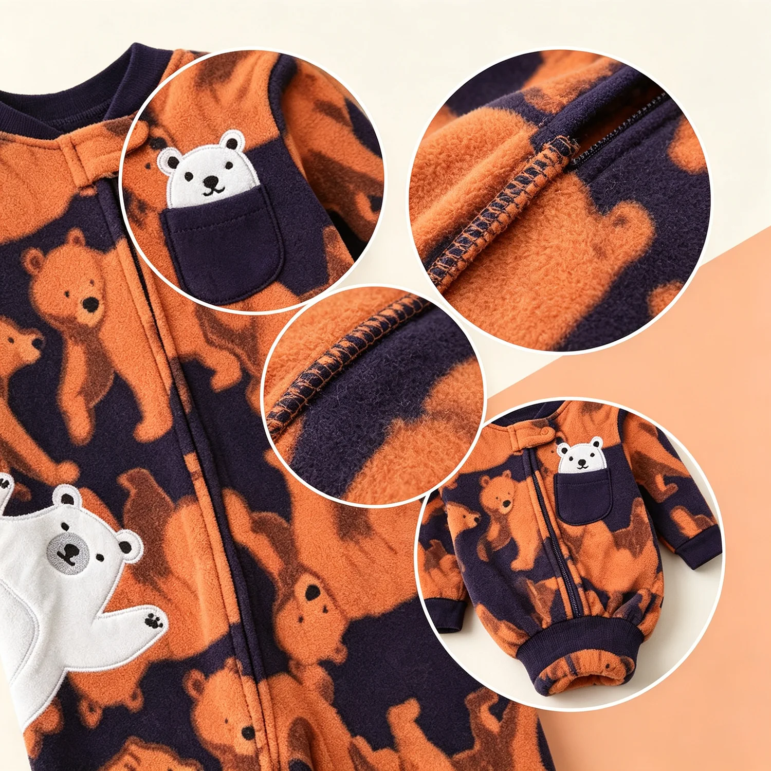 Baby Polar Fleece Footed Jumpsuit 3-12M Infant Long Sleeve Zipper Romper Cute Bear Print Warm Onesie