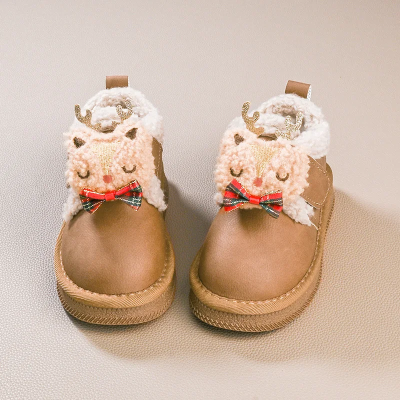 

Детские зимние сапоги, новая зимняя уличная плюшевая обувь для девочек, простая детская модная повседневная хлопковая обувь цвета хаки с милым оленем, хлопковая обувь на толстой подошве