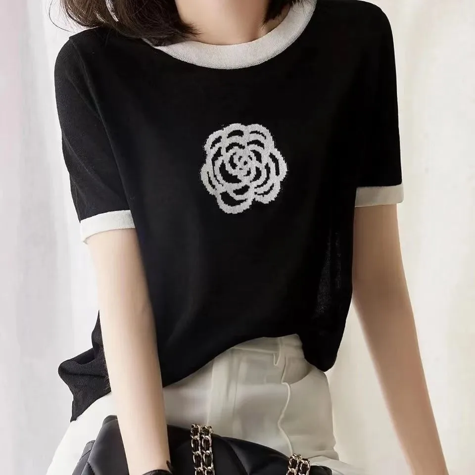 

Летняя футболка для женщин, роскошная футболка в контрастную полоску, вязаная простая корейская футболка из ледяного шелка с круглым вырезом, женский топ с короткими рукавами