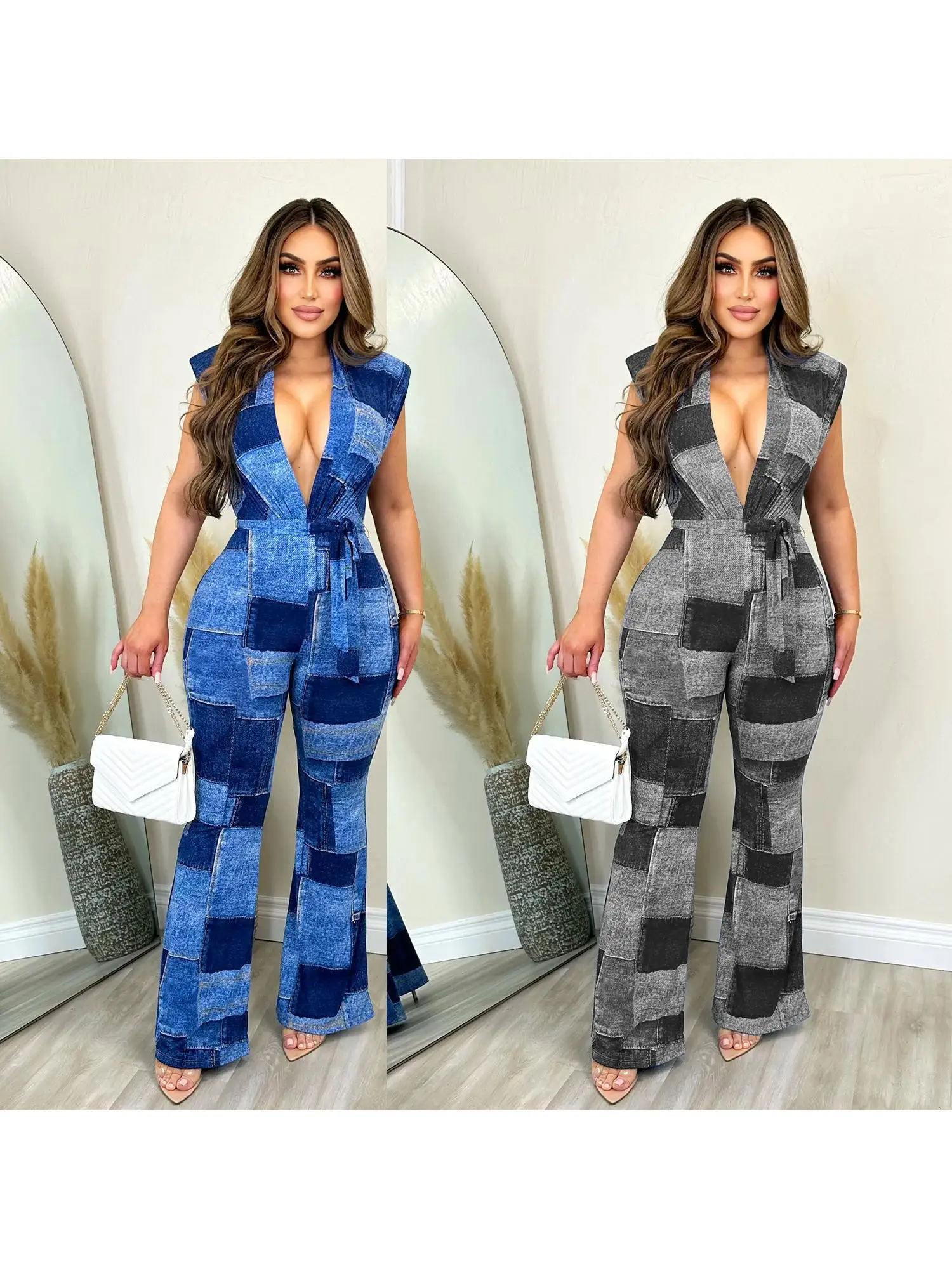 

Модный женский джинсовый комбинезон с принтом и поясом, комплект одежды, лето 2024, длинные брюки