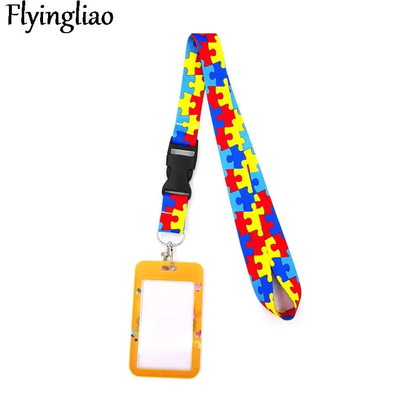 Autism pattern orange Anime Lanyard Badge Holder ID Card Lanyards Mobile Phone Rope Key Lanyard Neck Straps Keychain Key Ring