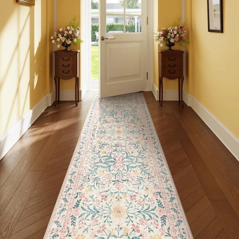 VIKAMA Bohemian Floral Runner Rug Anti-Slip Machine Washable Entry Hall Floor Mat Bedroom Kitchen Rug Home Decoration