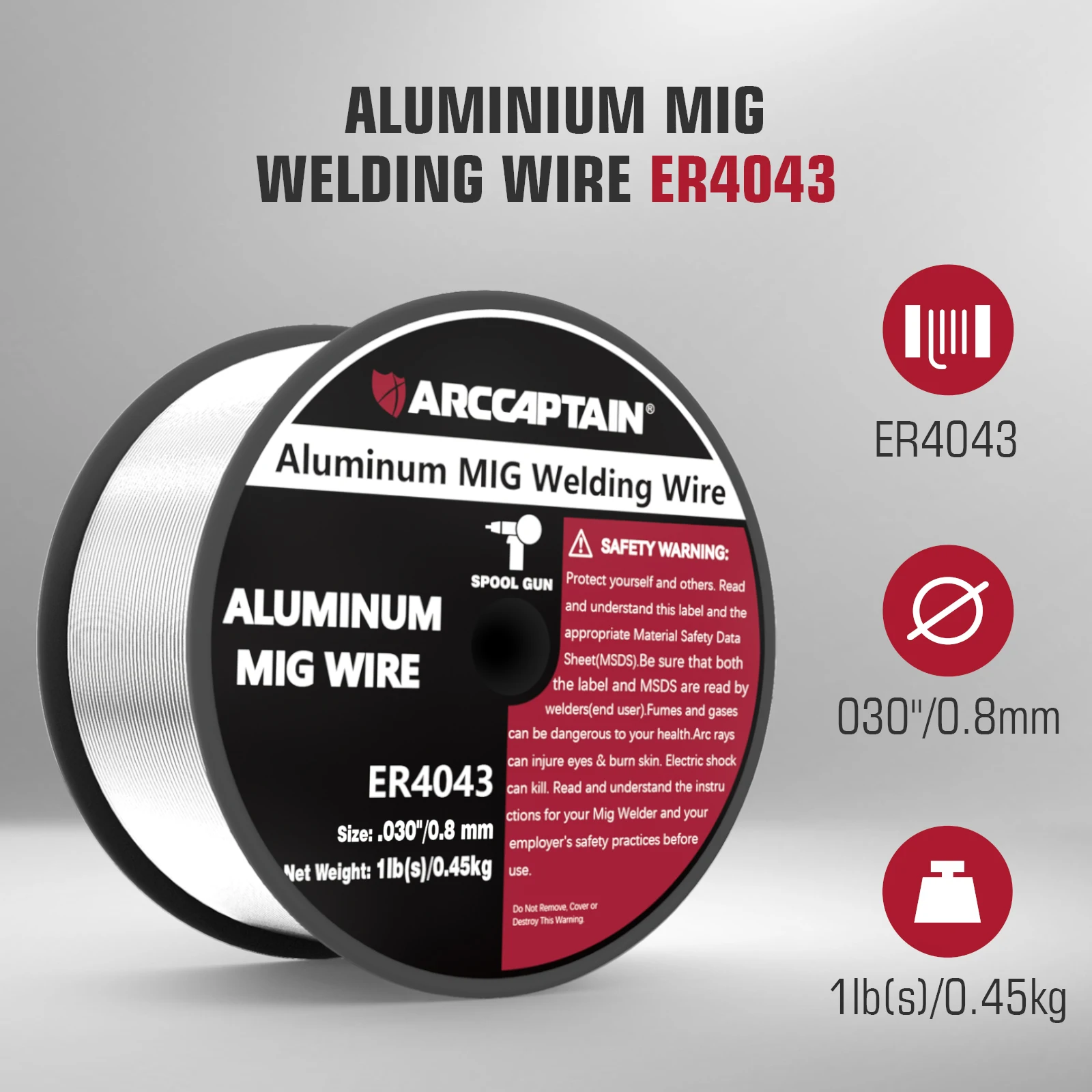 Imagem -02 - Arcaptain Fio de Solda Mig de Alumínio Er4043 Gás 0.8 mm 0.9 mm Rolo 0.45kg para Máquina de Solda Mig Pistola de Solda