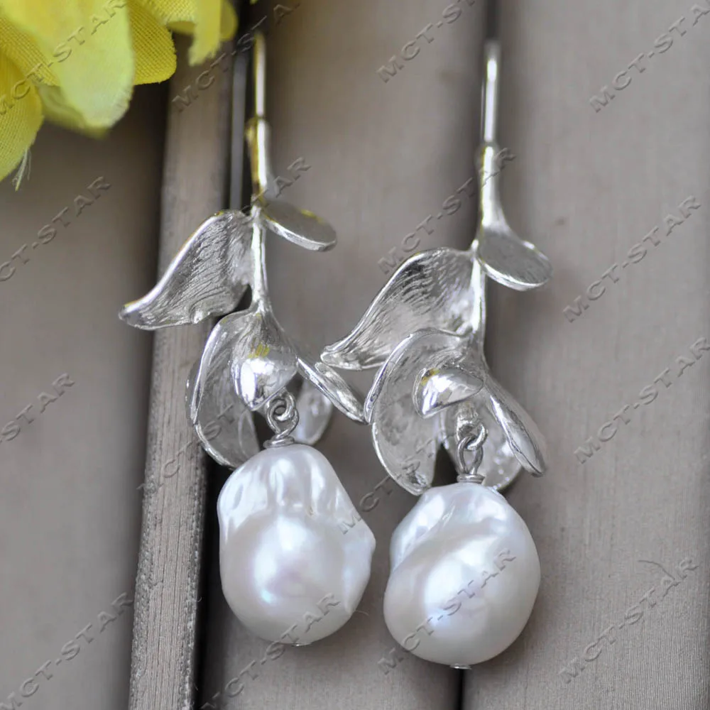 MTC·STAR 18mm White Baroque Keshi Pearl Silver-Color Flower Dangle Earring Custom Jewelry（Z13936 ）