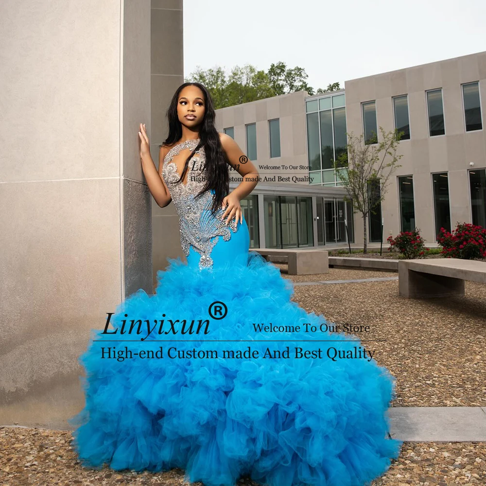 Robes de bal de luxe en diamant pour filles noires, en Tulle, à volants, style sirène, robes de soirée personnalisées, sans manches, suknia studniówka