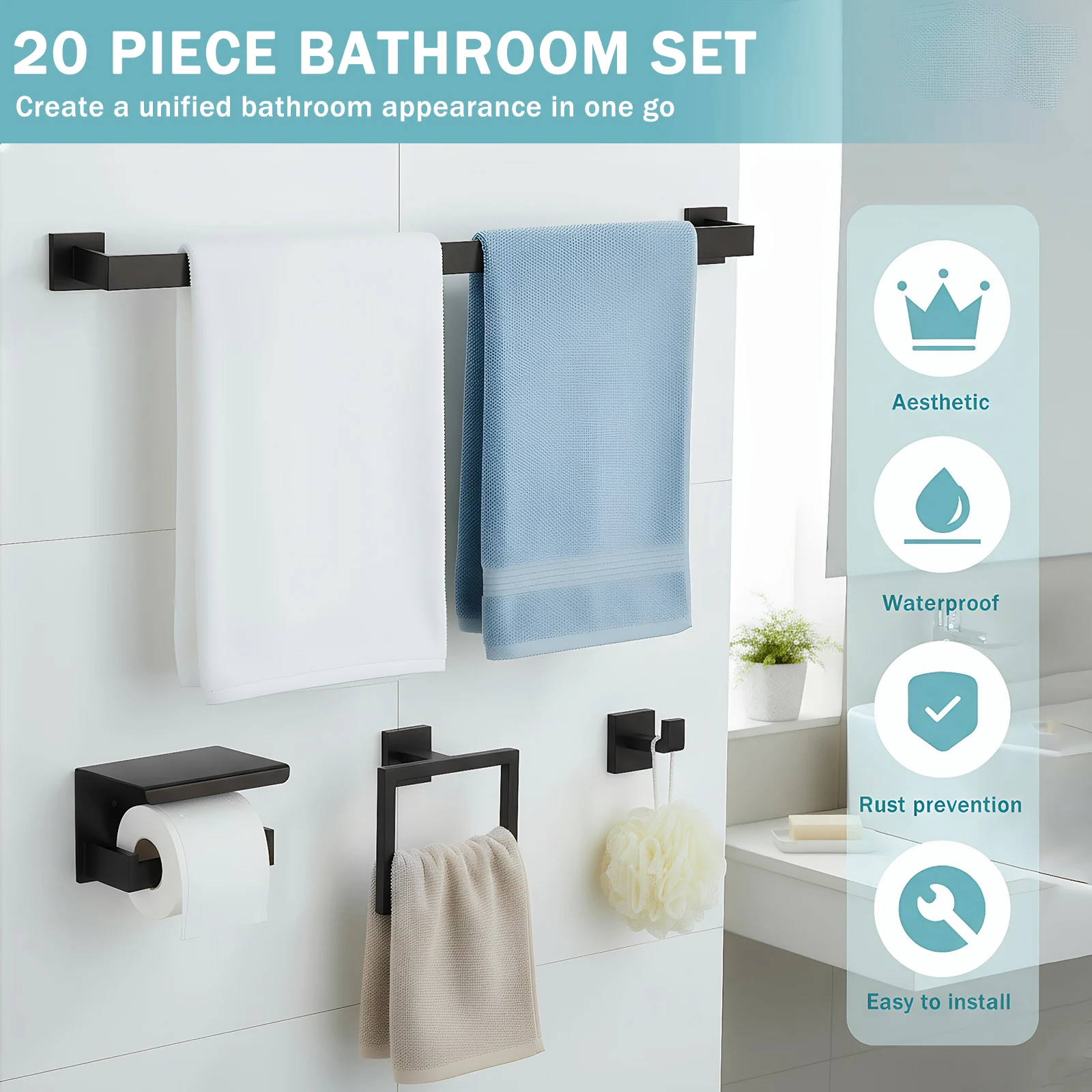 

20-Pieces Stainless Steel Bathroom Hardware Set Bathroom Hardware Accessories Set Towel Rack/Toilet Paper Holder/Towel Ring/Hook