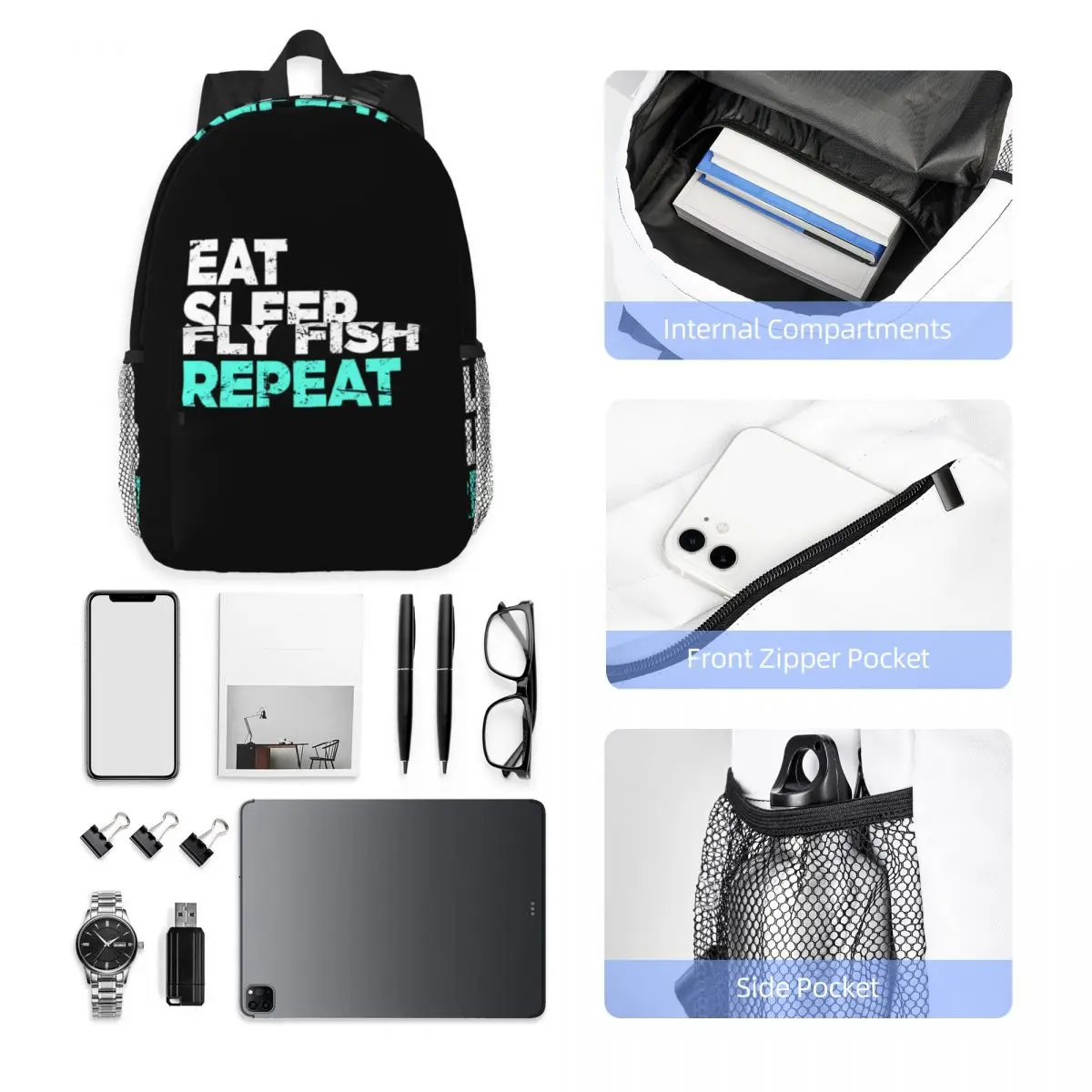 Eat Sleep Fly Fish Fly Fishing Graphic Backpack Hot Sale Daypack Large Capacity BookBag Shoulder Bags for Men Women School Bag