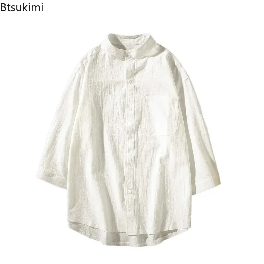 

Men's Spring Summer Chinese Style Stand Collar Shirt Slim Cotton Linen Solid Casual Shirts Coats Men Three Quarter Sleeve Tops