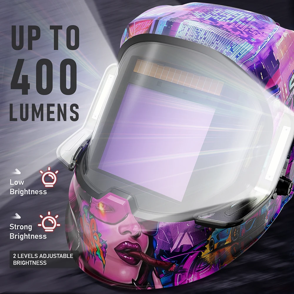 خوذة لحام ANDELI مع ضوء LED شاشة عرض كبيرة بانورامية 3.94 بوصة × 3.74 بوصة قناع لحام تلقائي ذو لون حقيقي للحام
