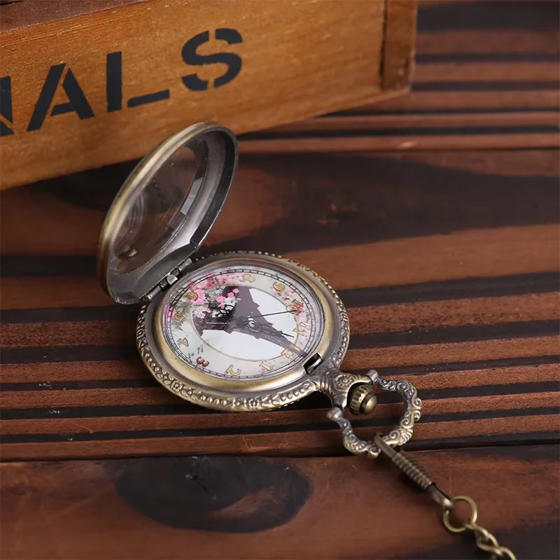 Transparent Lid Eiffel Tower White Surface Pocke Large Craved Exquisite Flower Pattern  Watch with Chain