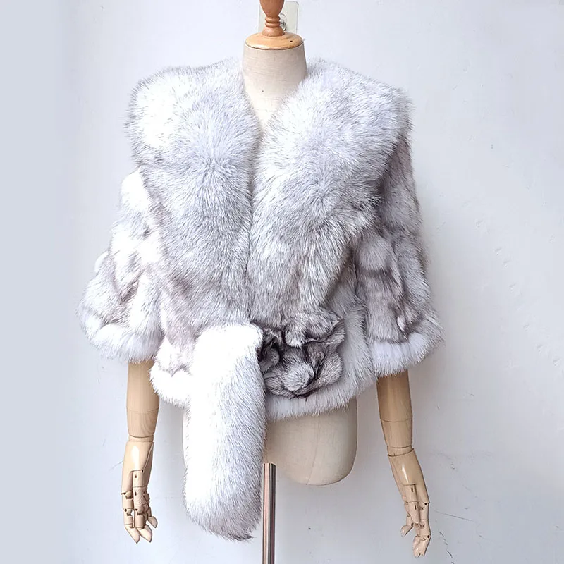 2024 Winter Women Luxury Real Fox Fur Shawl Female Fashion Genuine Fox Fur Coat Outwear