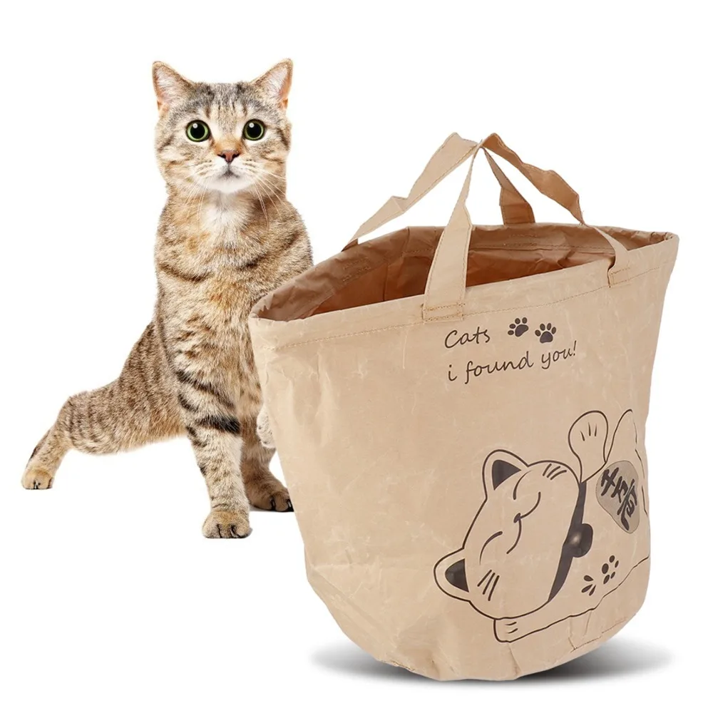 Durable with Double Layer Kraft Paper & Nylon Thread Cat Travel Bag Collapsible Activity Play Bag Cat Hideout Bag Indoor Use