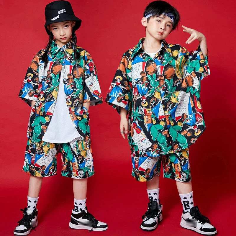 

Children Tide Hip Hop Clothes Loose Short Sleeve Shirts Printing Outfit Boys Girls Hip Hop Performance Ballroom Dancewear BL6721