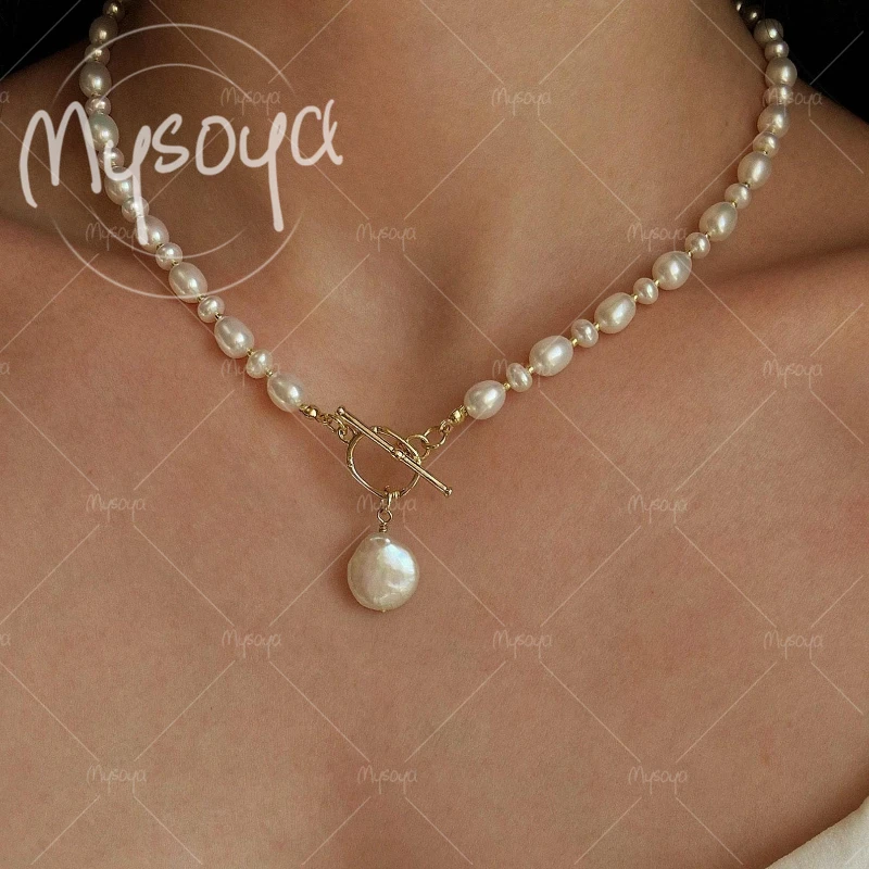 

MYSOYA 6-7mm White Rice Pearl with 10-12mm Baroque Pearl Pendant Necklace, for Birthday/ Wedding/ Mother's Day Gift A0435