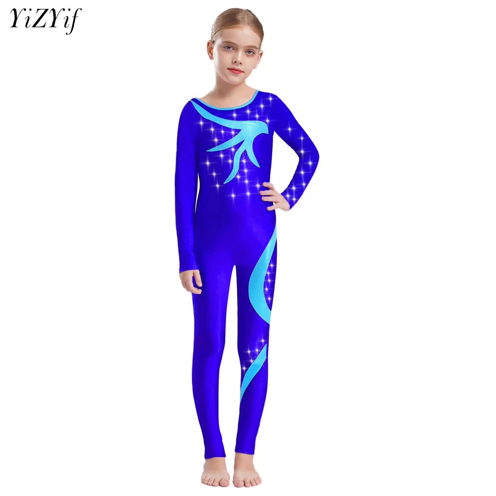 

Kids Girls Ballet Jersey Dance Jumpsuit Long Sleeve Shiny Rhinestone Rhythmic Gymnastics Dance Romper Stage Performance Costume