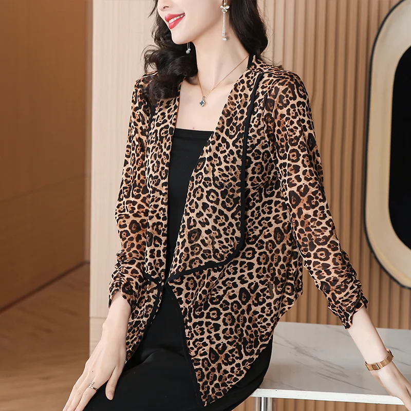 

2024 Leopard print shawl Women Summer Mesh loose outer layer Fashion Short Jacket Chic Aesthetic Sunscreen shirt Tops Z1008