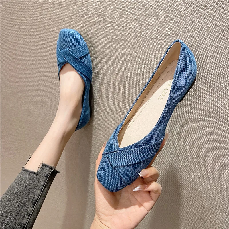 Women Flats Denim Cloth Blue Shoes for Ladies Square Head Solid Color Size 35-41 Spring Summer Autumn Shoes Flat Heel All Match