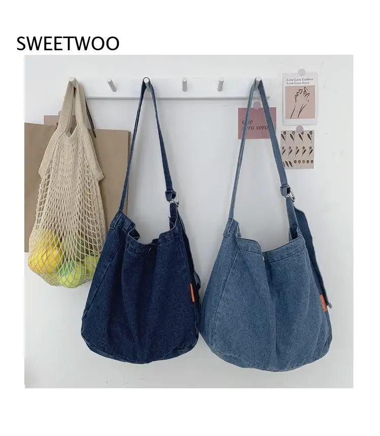 Casual Washed Denim Crossbody Bag Adjustable Wide Strap Large Capacity Soft Jean Shoulder Bag for Daily School and Street Style view 2