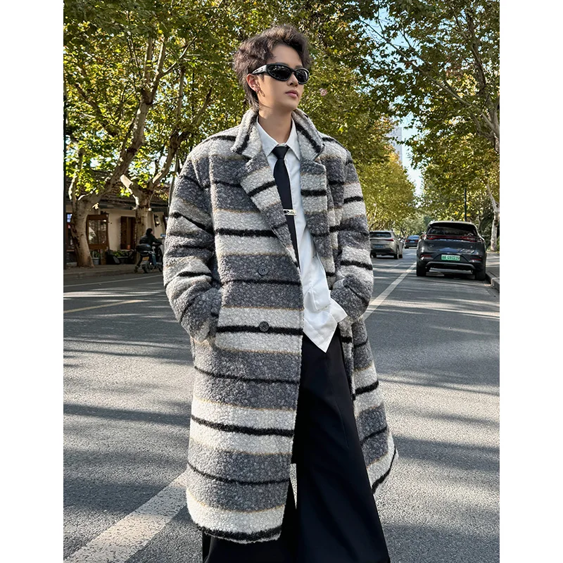 Autumn Winter Tartan Trench Striped Cotton-lined Woolen Coat Men Korean Loose Casual Fashion Double-breasted Couples Outwear