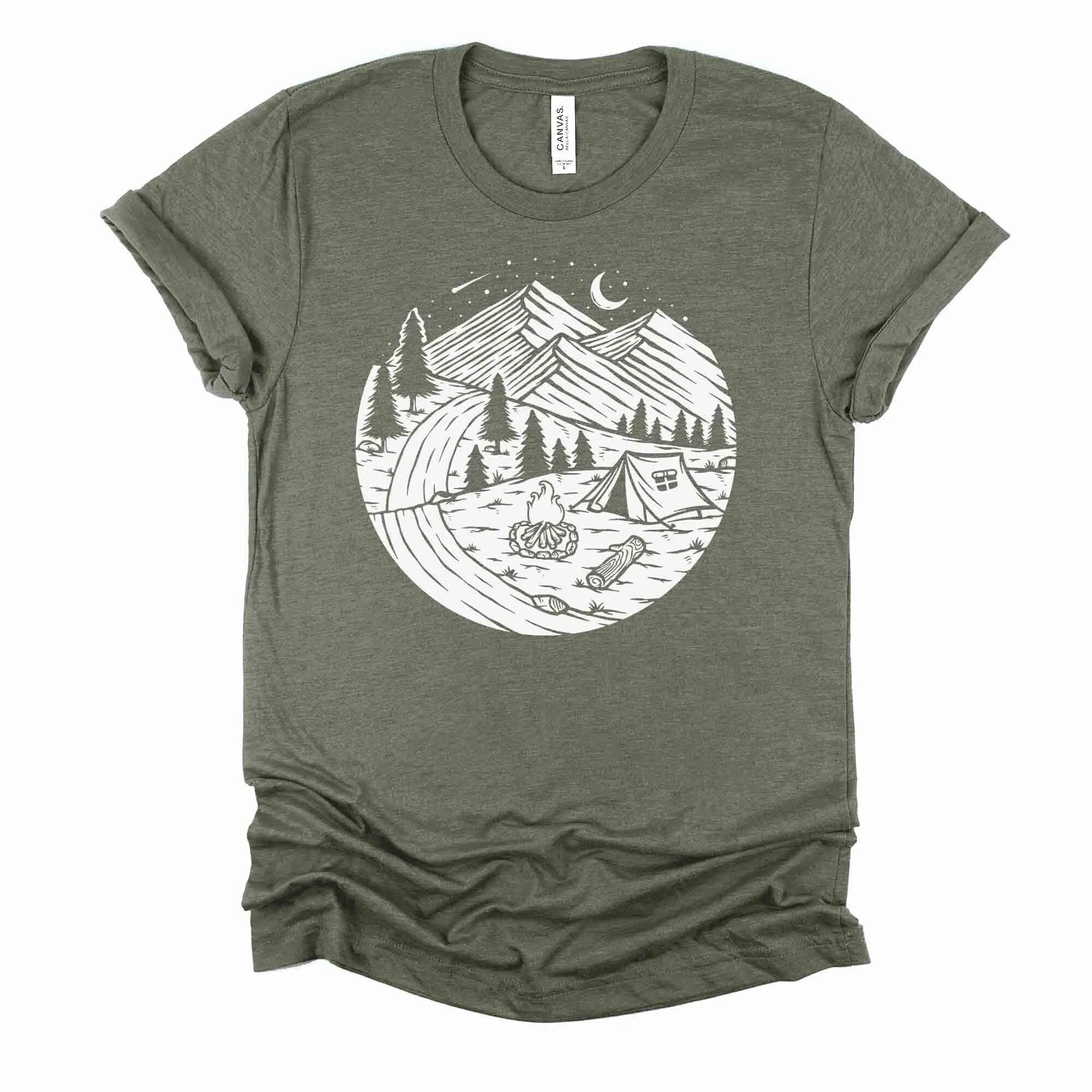 Camping T Shirt Rustic Scene At Mountains Design On Premium Unisex 3 Color Choices 3X 4X Plus Sizes