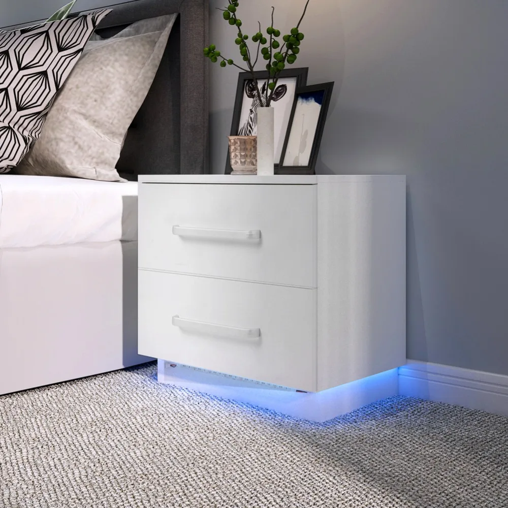 Nightstands, Modern 2 Drawers Bedside Cabinet with LED Blue Light High Gloss Front Panel for BedroomUS Plug 110V, Nightstands