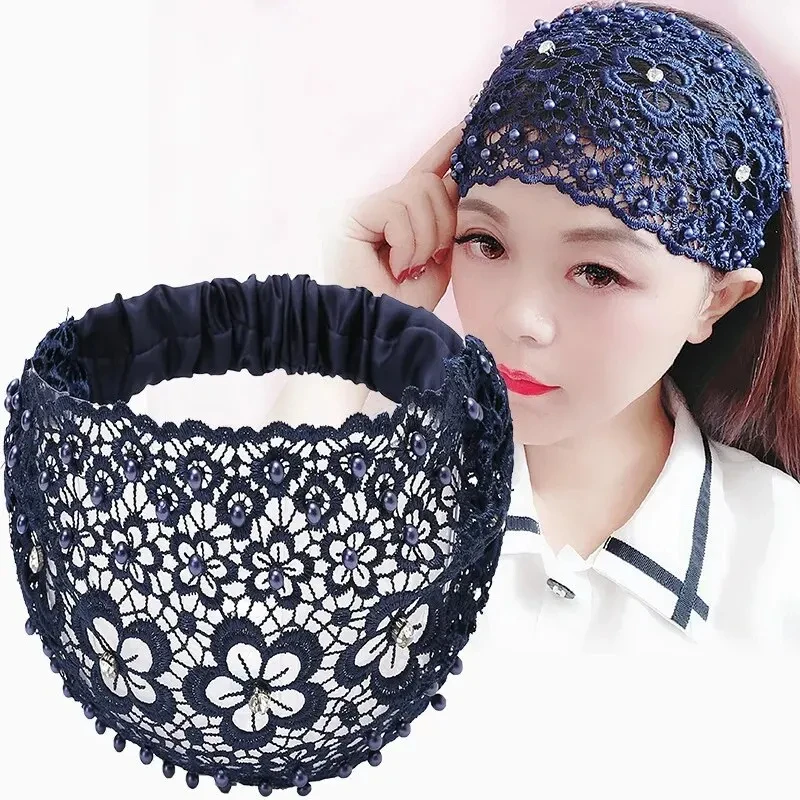 Lace Headbands For Women;Wide Floral Pearl Lace Elastic Headbands Hair Accessories For Women Fashion