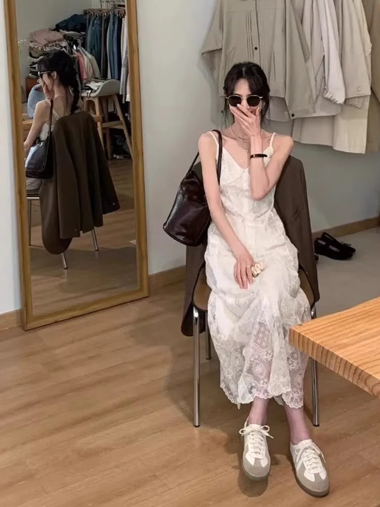 Ele simples verão longo dr vestido feminino de alça de renda com camada de base de emagrecimento le v-ne fechamento com zíper saia evasê