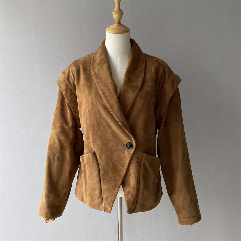 Luxyonuo Giacca in vera pelle scamosciata di lusso Autunno Cappotto blazer in vera pelle di pecora Giacca bomber oversize moda donna Nuovo arrivo