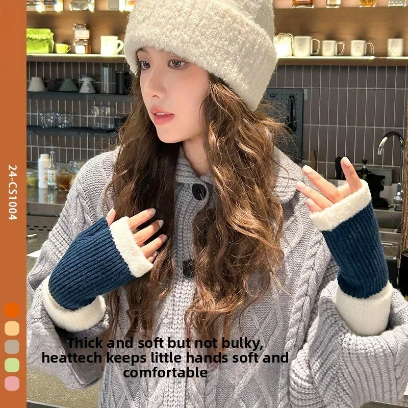 الخريف والشتاء قفازات نصف اصبع جديدة النسخة الكورية من قفازات محبوكة دافئة مطابقة الألوان حماية المعصم قفازات السيدات
