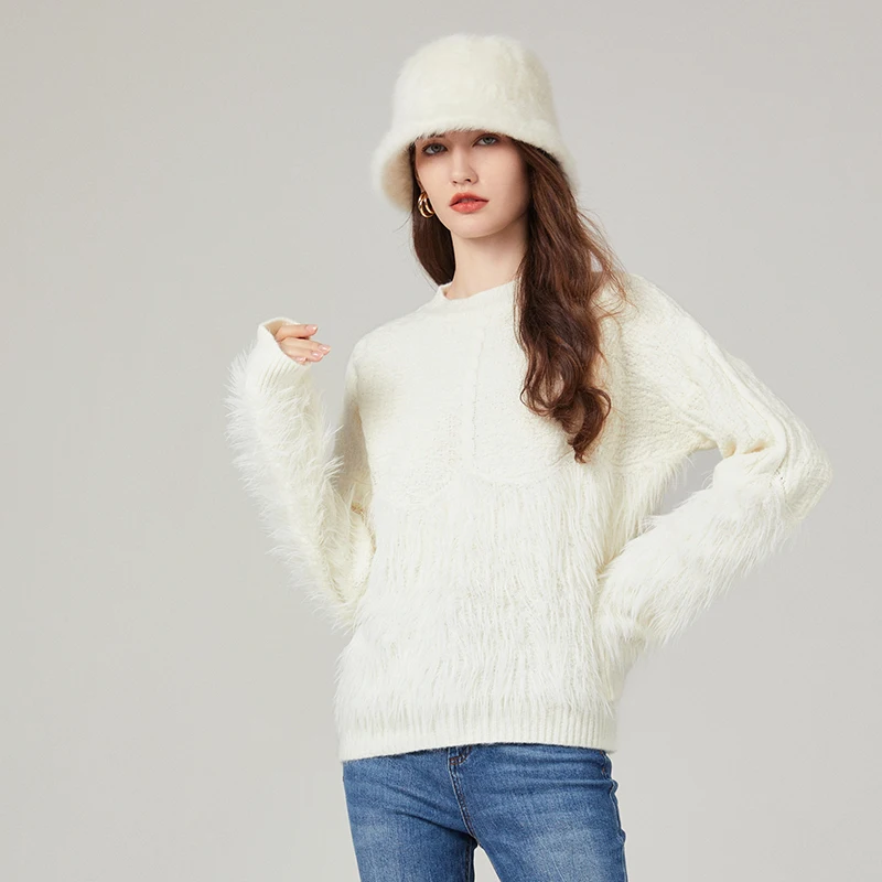 High-quality fur stitching thickened twist crewneck sweater imitation mink temperament knitwear