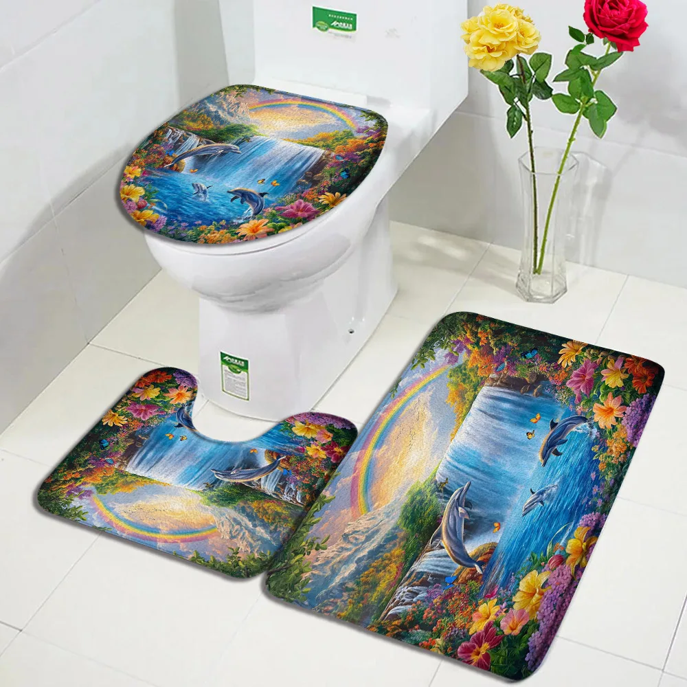 

Forest Waterfall Dolphin Bath Mat Set Sunset Rainbow Jungle Butterfly Flower plant Home Bathroom Decor Non-slip Rug Toilet Cover