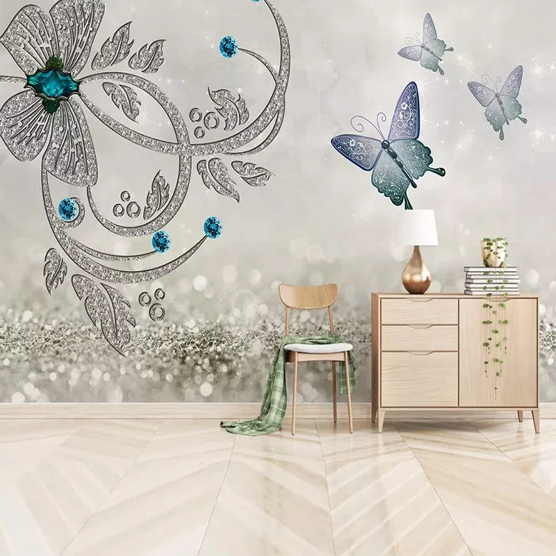 European Crystal Flower Butterfly Jewelry 3D Mural Wallpaper Living Room Background Wall Cloth Home Decoration Papel De Parede