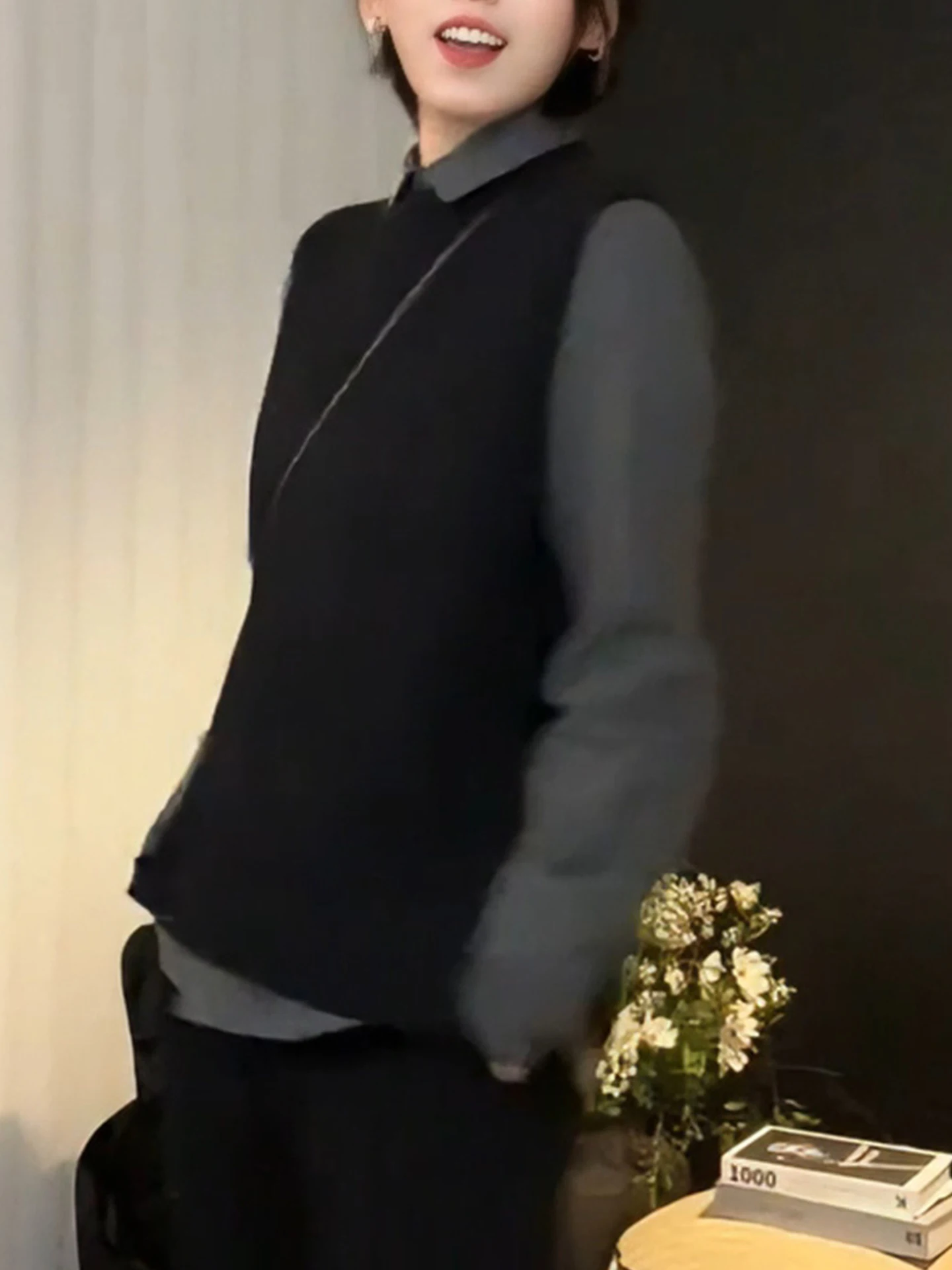 Wszechstronna dzianinowa kamizelka codzienna, okrągły dekolt, bez zakładania, jesienna moda, elegancki wygląd, damska bluzka do pracy.