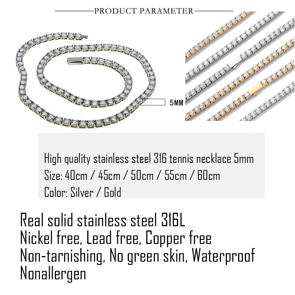 High Quality Never Flip Tennis Necklace 5mm Stainless Steel 316L Zircon Stone Tennis Choker Unisex Hip Hop Jewelry Never Fade