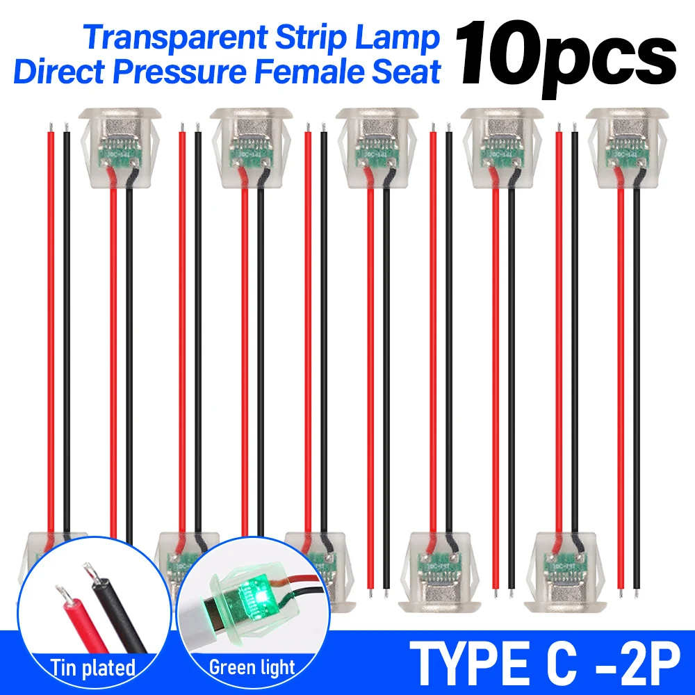 2pin USB Type-C 5A input charging socket with LED light Flat USB-C power connector tinned copper wire end female connector