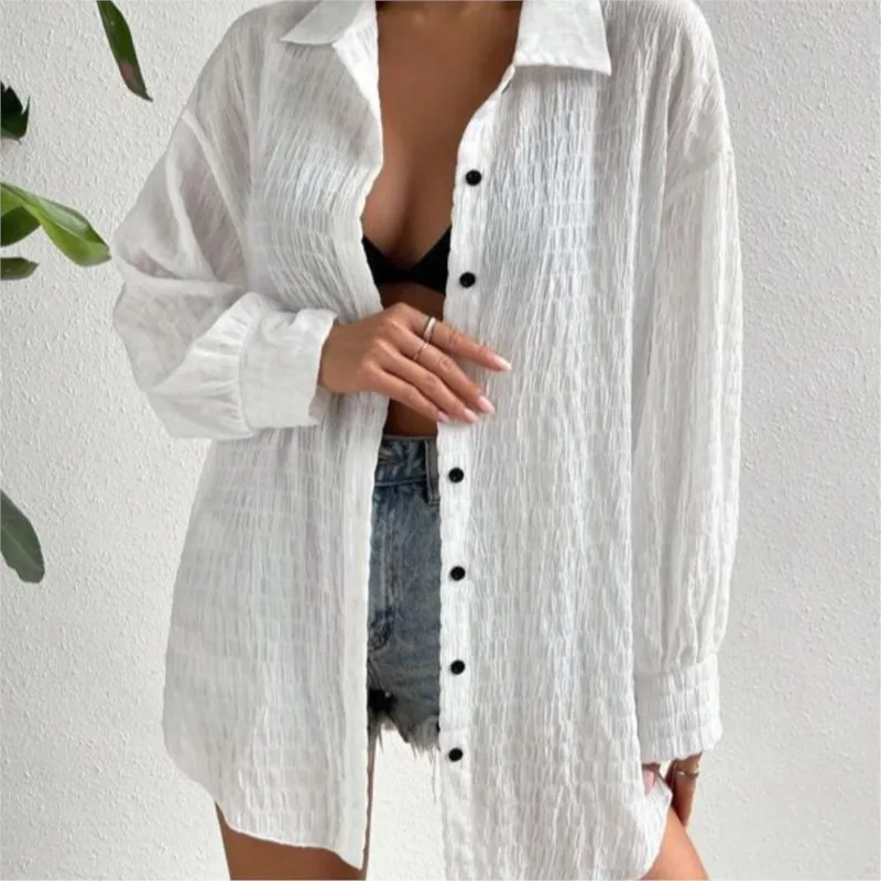 

Women's Spring And Autumn New Collection Women's Anti Roll Shirt Falling Shoulder Bat Bat Shirt Flip Collar Long Sleeve Cardigan